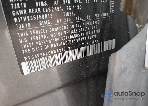 2013 Volkswagen Tiguan Se from USA, damaged, VIN WVGAV3AX0DW624219